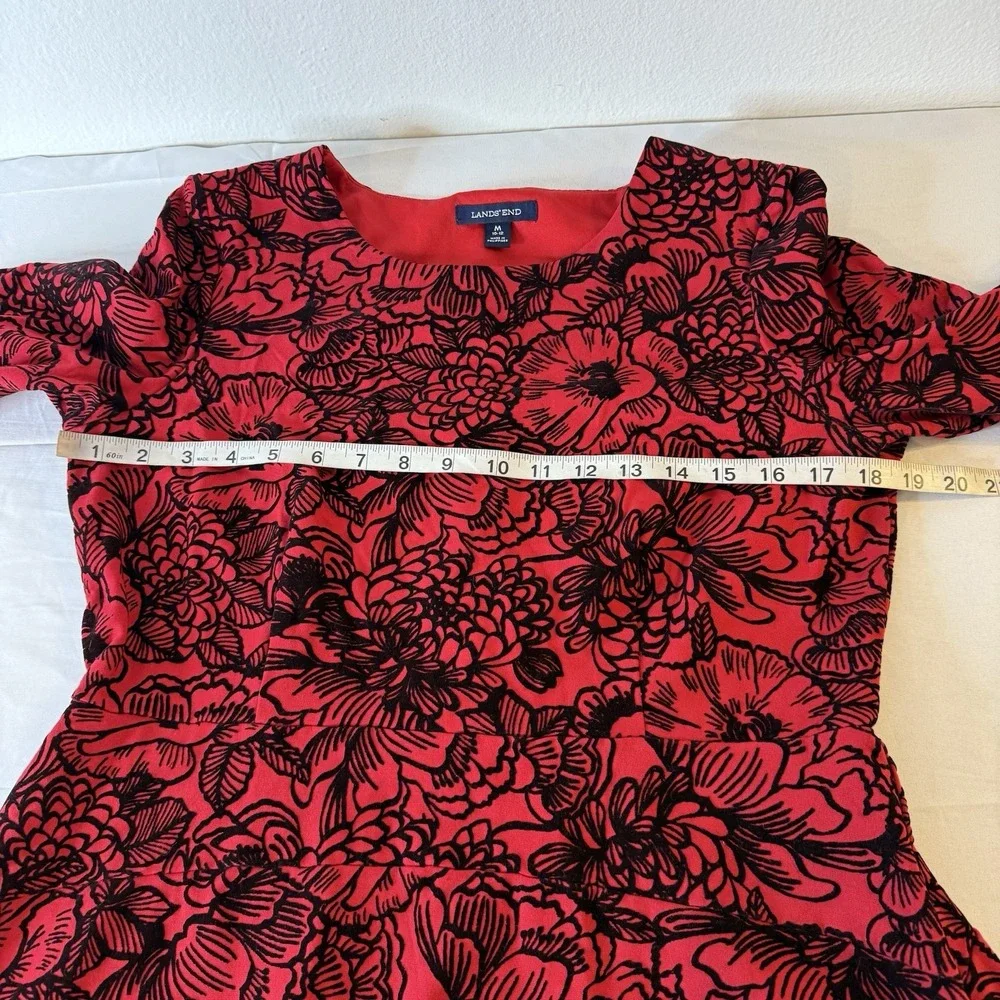 Lands End‎ Red Black Velvet Floral Fit And Flare Dress 3/4 Sleeve Women's Medium